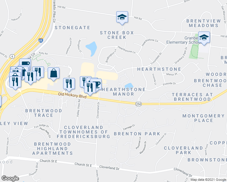 map of restaurants, bars, coffee shops, grocery stores, and more near 307B Seven Springs Way in Brentwood