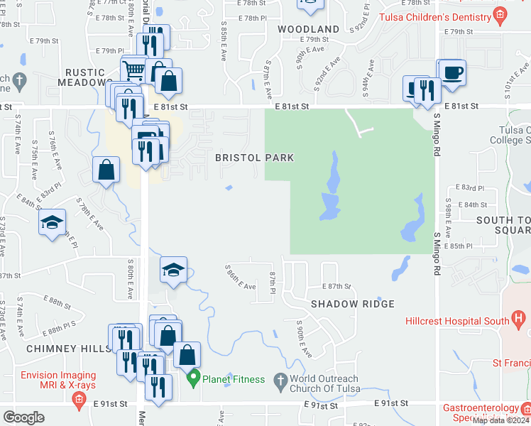 map of restaurants, bars, coffee shops, grocery stores, and more near 1001 South 89th East Avenue in Tulsa