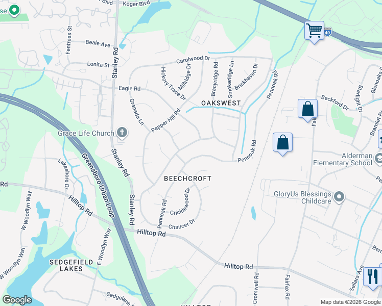 map of restaurants, bars, coffee shops, grocery stores, and more near 4725 Pennoak Road in Greensboro