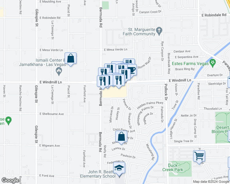 map of restaurants, bars, coffee shops, grocery stores, and more near 475 East Windmill Lane in Las Vegas