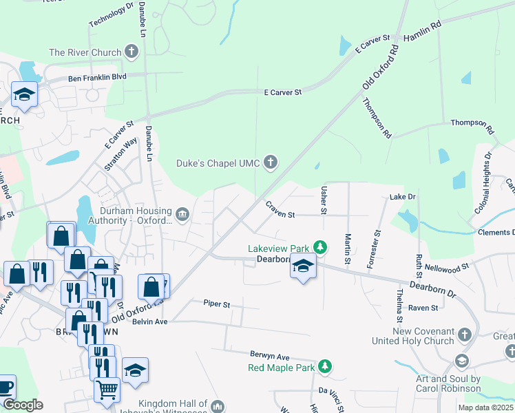 map of restaurants, bars, coffee shops, grocery stores, and more near 716 Old Oxford Road in Durham