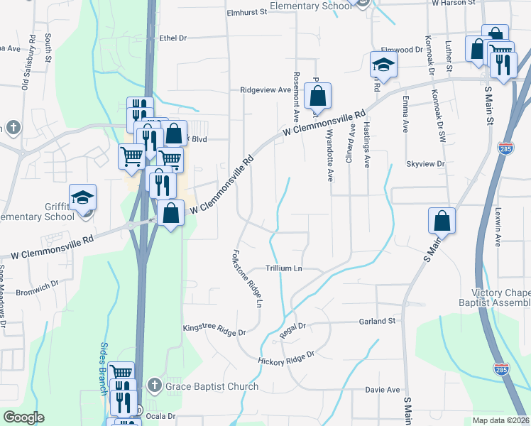map of restaurants, bars, coffee shops, grocery stores, and more near 3650 Fiddlers Glenn Court in Winston-Salem