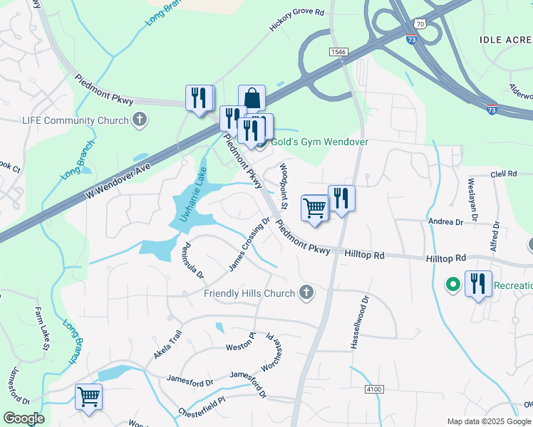 map of restaurants, bars, coffee shops, grocery stores, and more near 3100 Southhampton Drive in Jamestown