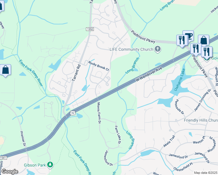 map of restaurants, bars, coffee shops, grocery stores, and more near 3638 Morris Farm Drive in Greensboro