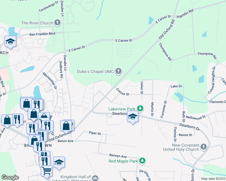 map of restaurants, bars, coffee shops, grocery stores, and more near 716 Old Oxford Road in Durham