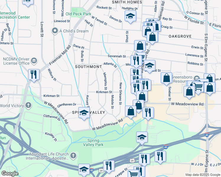 map of restaurants, bars, coffee shops, grocery stores, and more near 624 Mobile Street in Greensboro