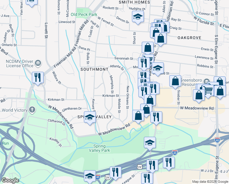 map of restaurants, bars, coffee shops, grocery stores, and more near 514 Memphis Street in Greensboro