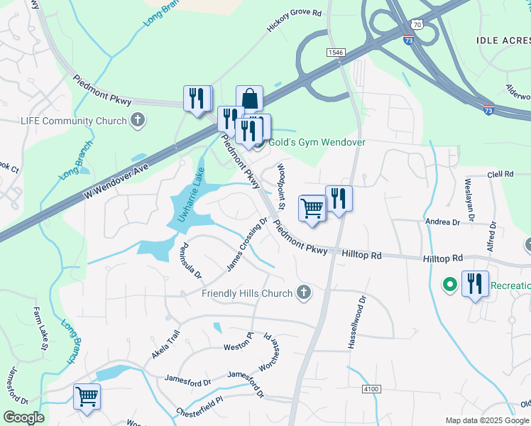 map of restaurants, bars, coffee shops, grocery stores, and more near 3100 Southhampton Drive in Jamestown