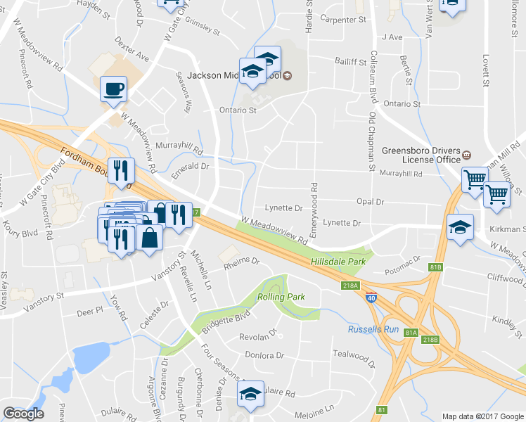 map of restaurants, bars, coffee shops, grocery stores, and more near 2225 Lynette Drive in Greensboro