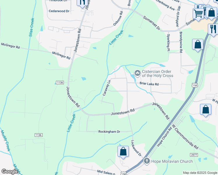 map of restaurants, bars, coffee shops, grocery stores, and more near 1655 Little Creek Circle in Winston-Salem
