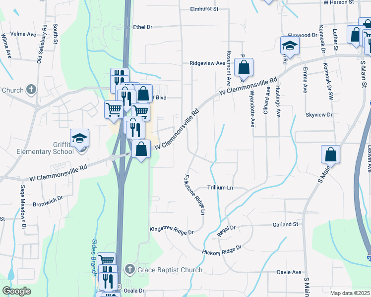 map of restaurants, bars, coffee shops, grocery stores, and more near 2467 Fiddlers Glenn Drive in Winston-Salem