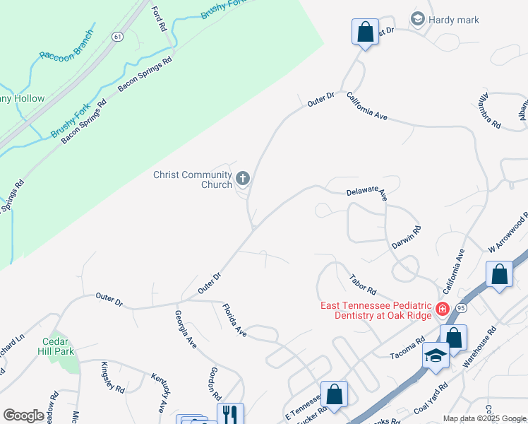 map of restaurants, bars, coffee shops, grocery stores, and more near 69 Outer Drive in Oak Ridge