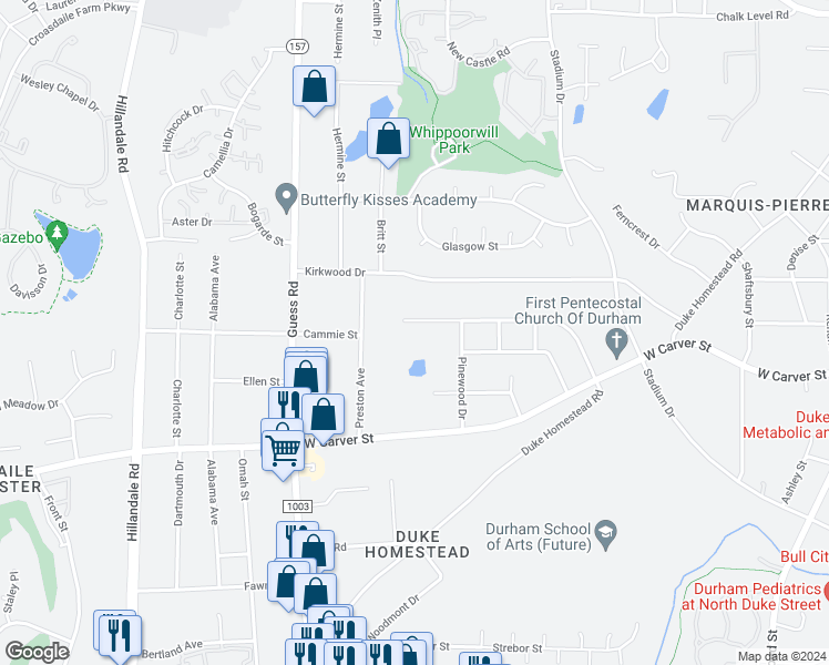 map of restaurants, bars, coffee shops, grocery stores, and more near 2817 Fairlawn Road in Durham