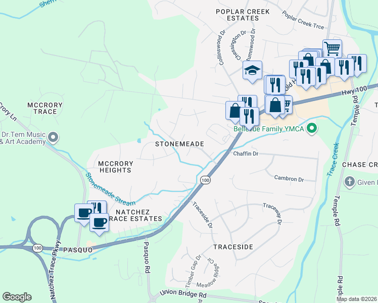 map of restaurants, bars, coffee shops, grocery stores, and more near Mill Run Circle in Nashville