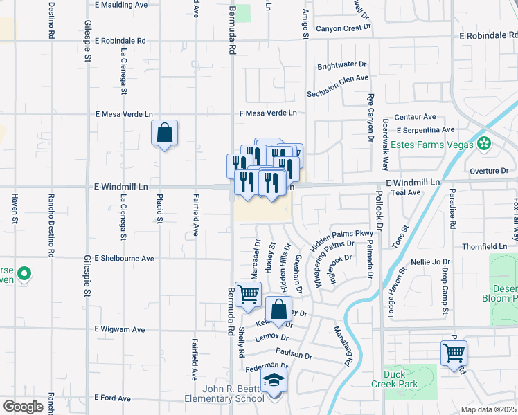 map of restaurants, bars, coffee shops, grocery stores, and more near 475 East Windmill Lane in Las Vegas