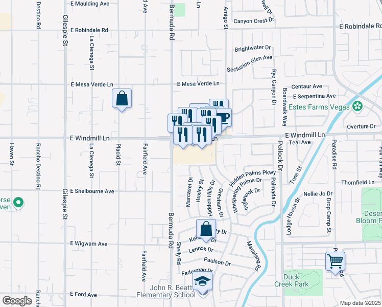 map of restaurants, bars, coffee shops, grocery stores, and more near 425 East Windmill Lane in Las Vegas