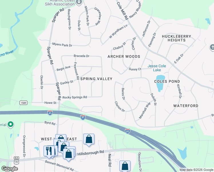 map of restaurants, bars, coffee shops, grocery stores, and more near 2628 Ferrand Drive in Durham