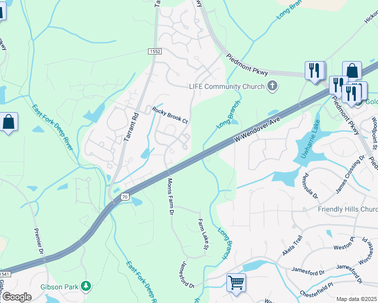 map of restaurants, bars, coffee shops, grocery stores, and more near 3630 Morris Farm Drive in Greensboro