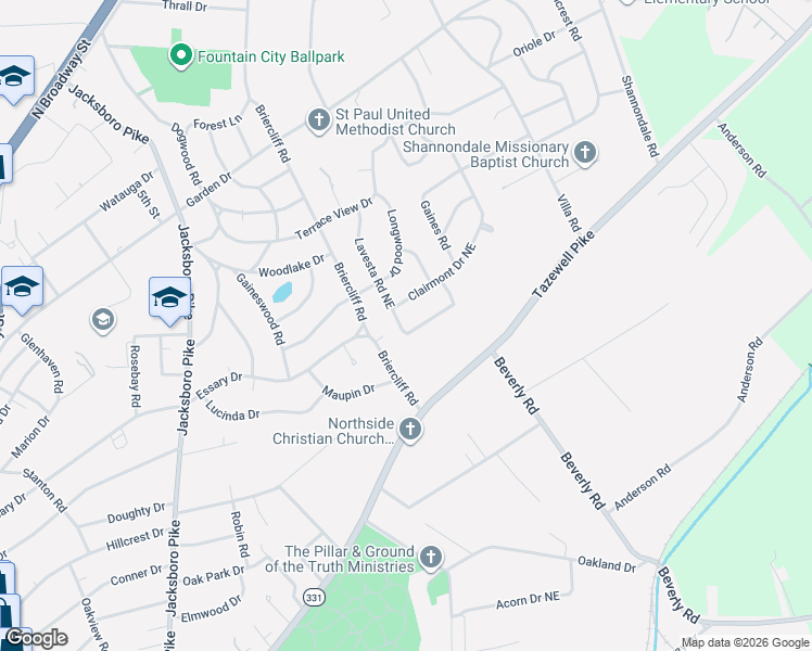 map of restaurants, bars, coffee shops, grocery stores, and more near 4004 Clairmont Drive Northeast in Knoxville