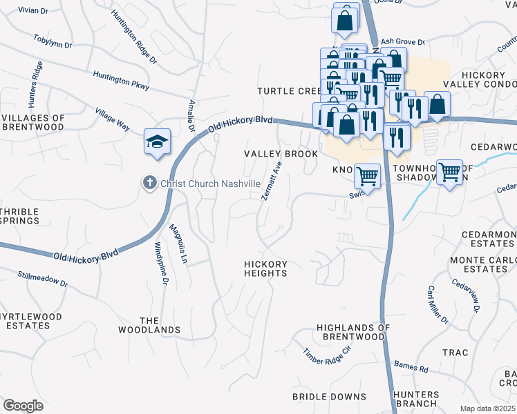 map of restaurants, bars, coffee shops, grocery stores, and more near 3504 Steffisburg Drive in Nashville