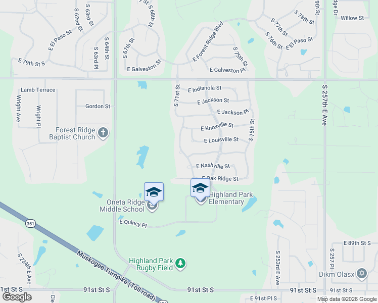 map of restaurants, bars, coffee shops, grocery stores, and more near 7201 East Louisville Street in Broken Arrow