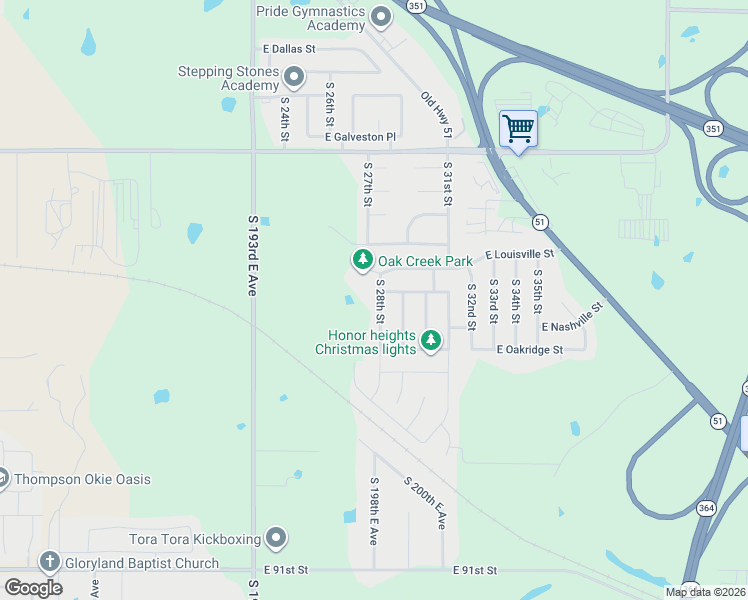 map of restaurants, bars, coffee shops, grocery stores, and more near 2725 East Louisville Street in Broken Arrow