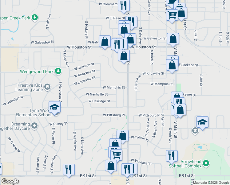 map of restaurants, bars, coffee shops, grocery stores, and more near 804 West Memphis Street in Broken Arrow