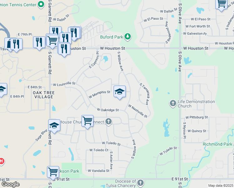 map of restaurants, bars, coffee shops, grocery stores, and more near 1107 South Yellowood Place in Broken Arrow
