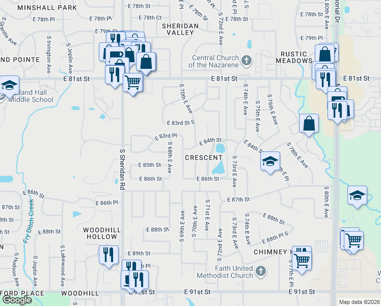 map of restaurants, bars, coffee shops, grocery stores, and more near 8342 East 35th Place in Tulsa