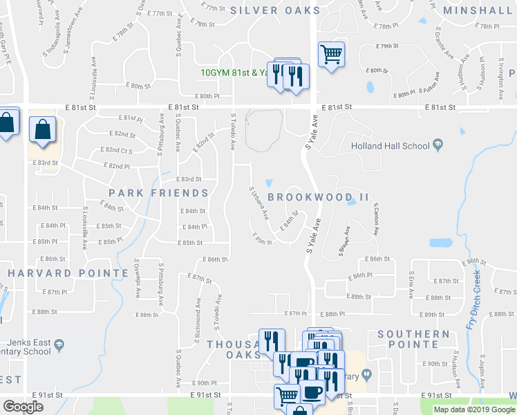 map of restaurants, bars, coffee shops, grocery stores, and more near 8337 South Urbana Avenue in Tulsa