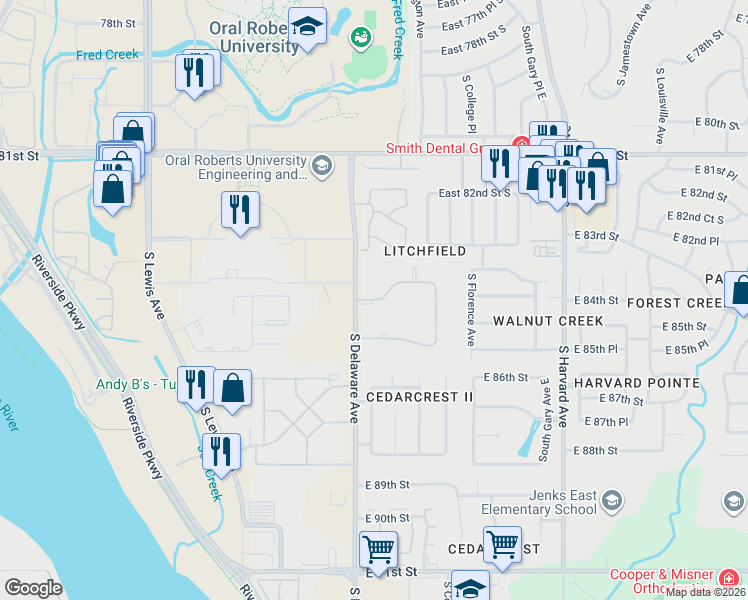 map of restaurants, bars, coffee shops, grocery stores, and more near 8229 South College Avenue in Tulsa