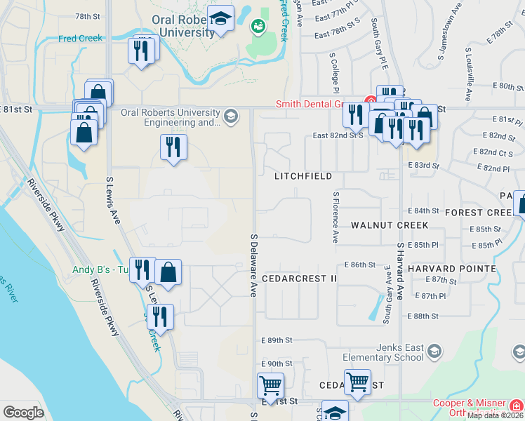 map of restaurants, bars, coffee shops, grocery stores, and more near 8306-8374 South Delaware Avenue in Tulsa