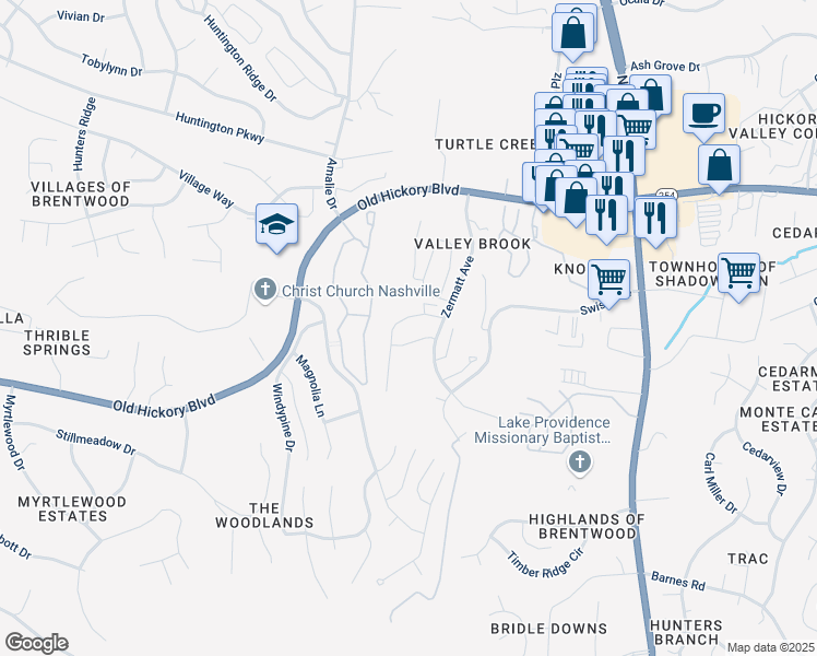 map of restaurants, bars, coffee shops, grocery stores, and more near 2325 Zermatt Avenue in Nashville