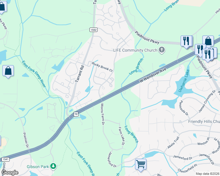 map of restaurants, bars, coffee shops, grocery stores, and more near 3630 Morris Farm Drive in Greensboro
