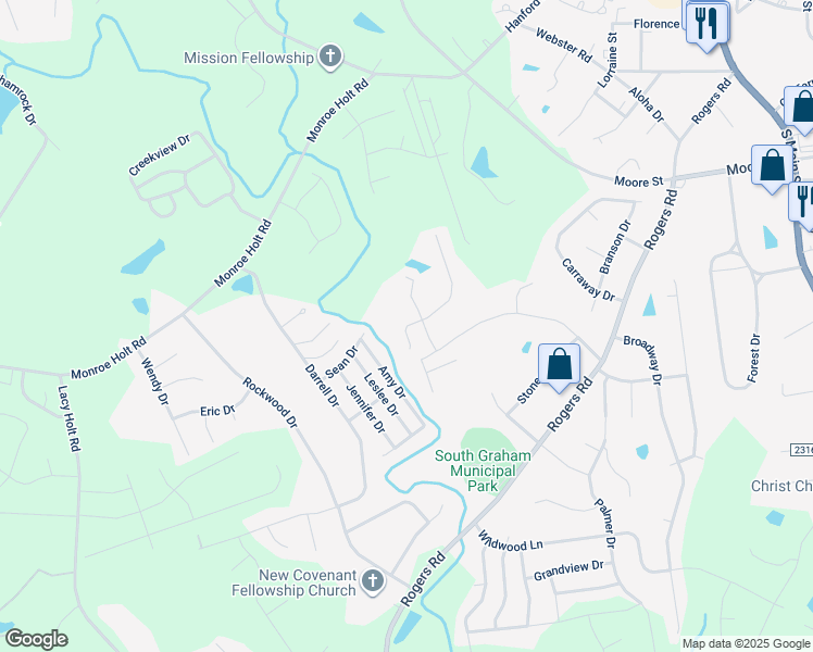 map of restaurants, bars, coffee shops, grocery stores, and more near 802 Trail's End Drive in Graham