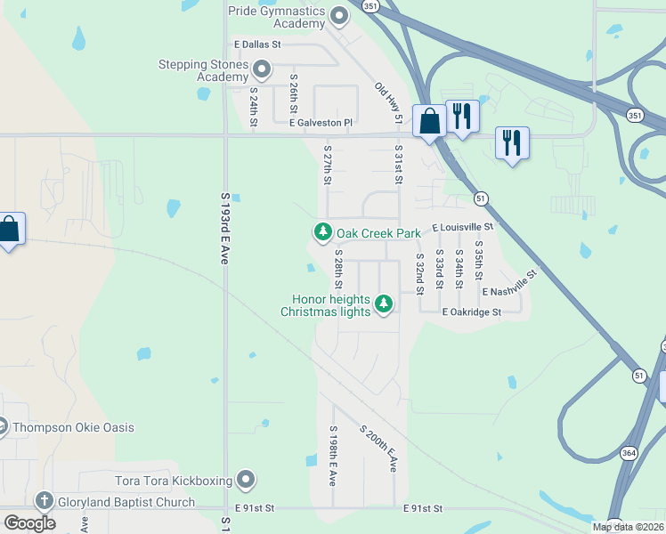 map of restaurants, bars, coffee shops, grocery stores, and more near 2725 East Louisville Street in Broken Arrow