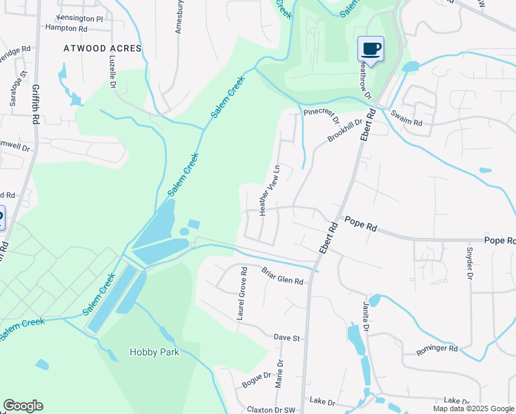 map of restaurants, bars, coffee shops, grocery stores, and more near 3996 Heather View Lane in Winston-Salem