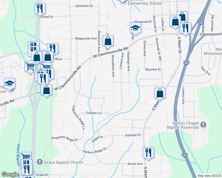 map of restaurants, bars, coffee shops, grocery stores, and more near 812 Orchestra Drive in Winston-Salem