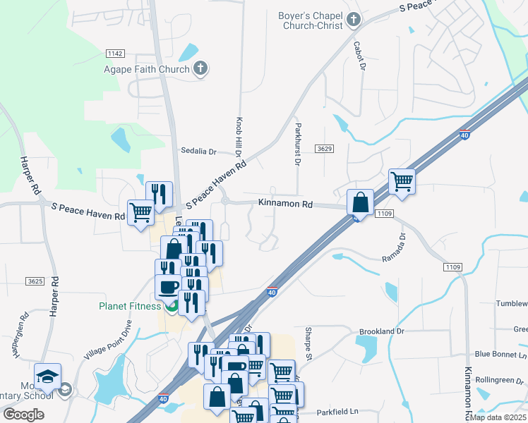 map of restaurants, bars, coffee shops, grocery stores, and more near 2301 Flagstone Court in Winston-Salem