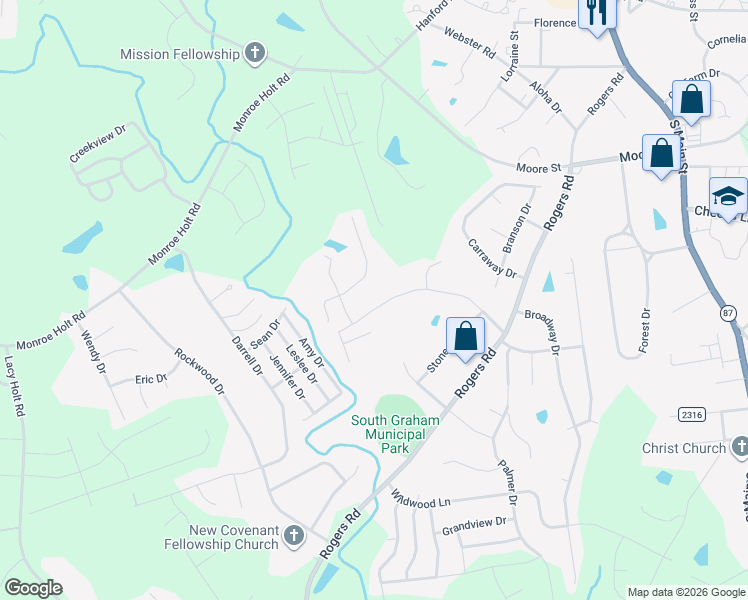 map of restaurants, bars, coffee shops, grocery stores, and more near 651 Williamsdale Road in Graham