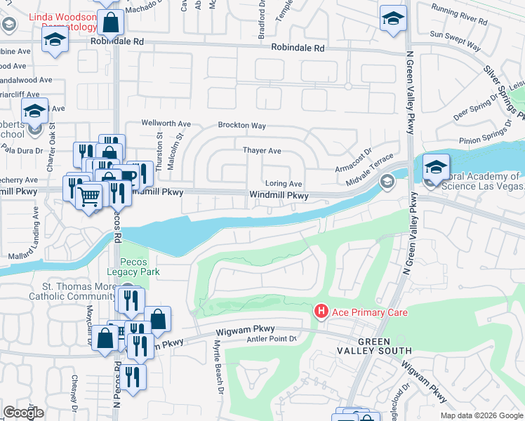 map of restaurants, bars, coffee shops, grocery stores, and more near 2325 Windmill Parkway in Henderson