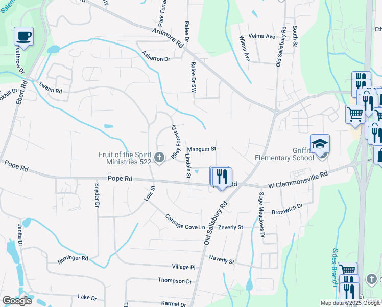 map of restaurants, bars, coffee shops, grocery stores, and more near 2100 Lindale Street in Winston-Salem