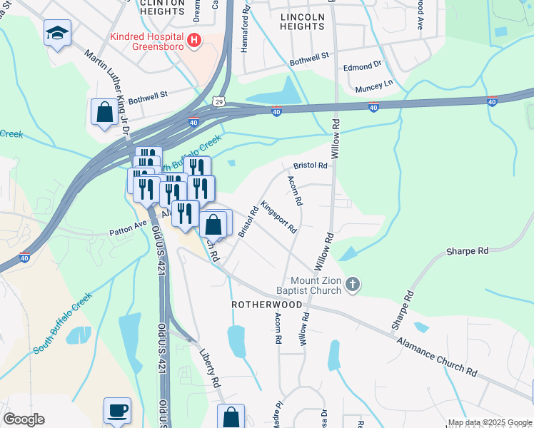 map of restaurants, bars, coffee shops, grocery stores, and more near 1304 Kingsport Road in Greensboro
