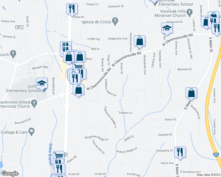 map of restaurants, bars, coffee shops, grocery stores, and more near 3750 Cora Drive in Winston-Salem