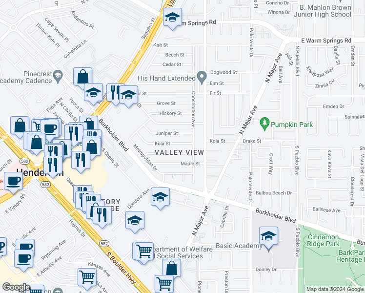 map of restaurants, bars, coffee shops, grocery stores, and more near 137 Kola Street in Henderson