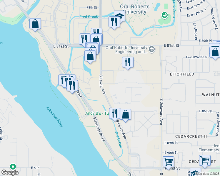 map of restaurants, bars, coffee shops, grocery stores, and more near 8555 South Lewis Avenue in Tulsa