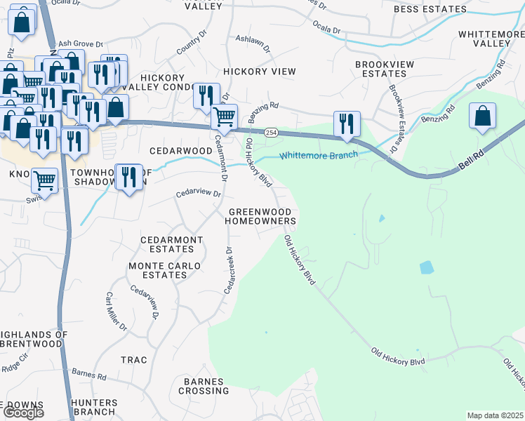 map of restaurants, bars, coffee shops, grocery stores, and more near 14851 Old Hickory Boulevard in Nashville