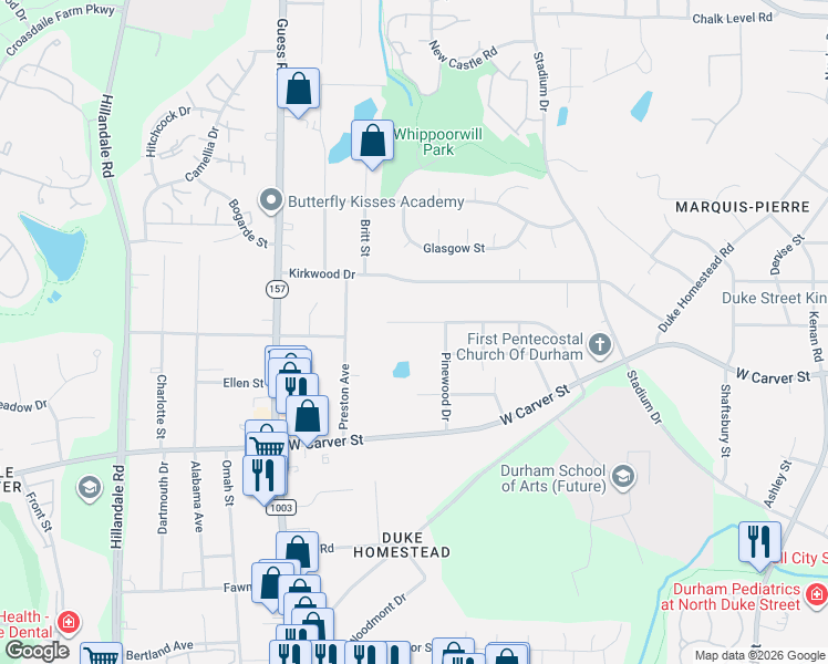 map of restaurants, bars, coffee shops, grocery stores, and more near 2811 Fairlawn Road in Durham