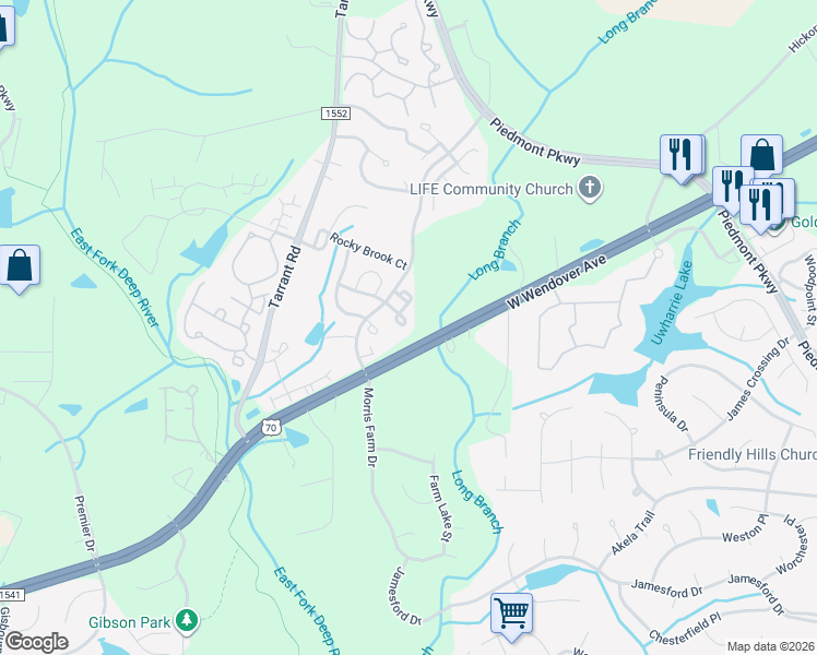 map of restaurants, bars, coffee shops, grocery stores, and more near 3630 Morris Farm Drive in Greensboro