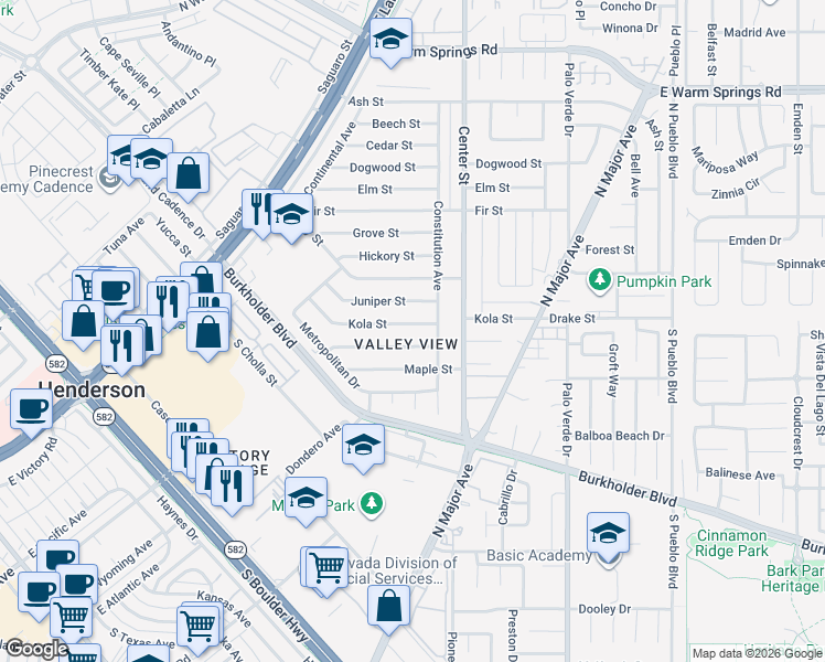 map of restaurants, bars, coffee shops, grocery stores, and more near 137 Kola Street in Henderson